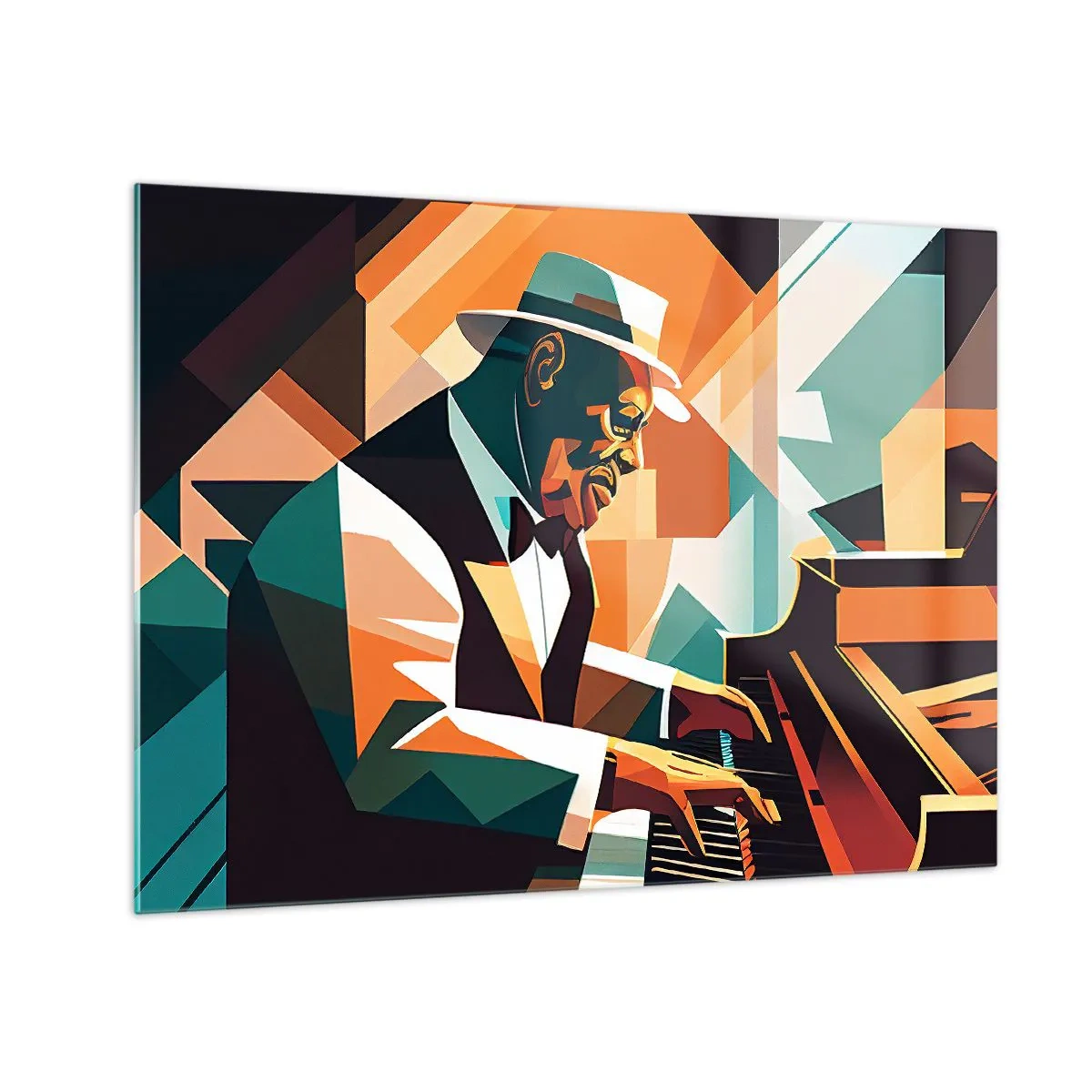 Glastavla - Bild på glas - Ett färgstarkt porträtt av en pianist i jazzstil - 70x50cm - Allt som är jazz - Modern väggdekoration för vardagsrum och sovrum ARTTOR