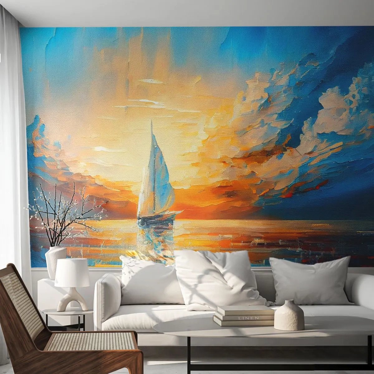 Självhäftande Fototapet Deluxe Sticker - Segla i gult - Landskap, Nautisk, Segelbåt - 450x315 cm