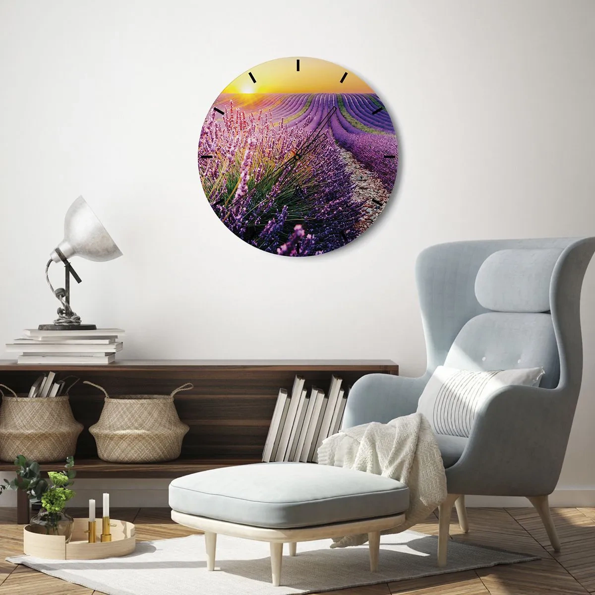 Väggklocka - Klocka på glas - Lavendelfält vid solnedgången med en stenig stig - 30x30cm - Doftande åkermark - Modern väggdekoration för vardagsrum, kök och sovrum ARTTOR