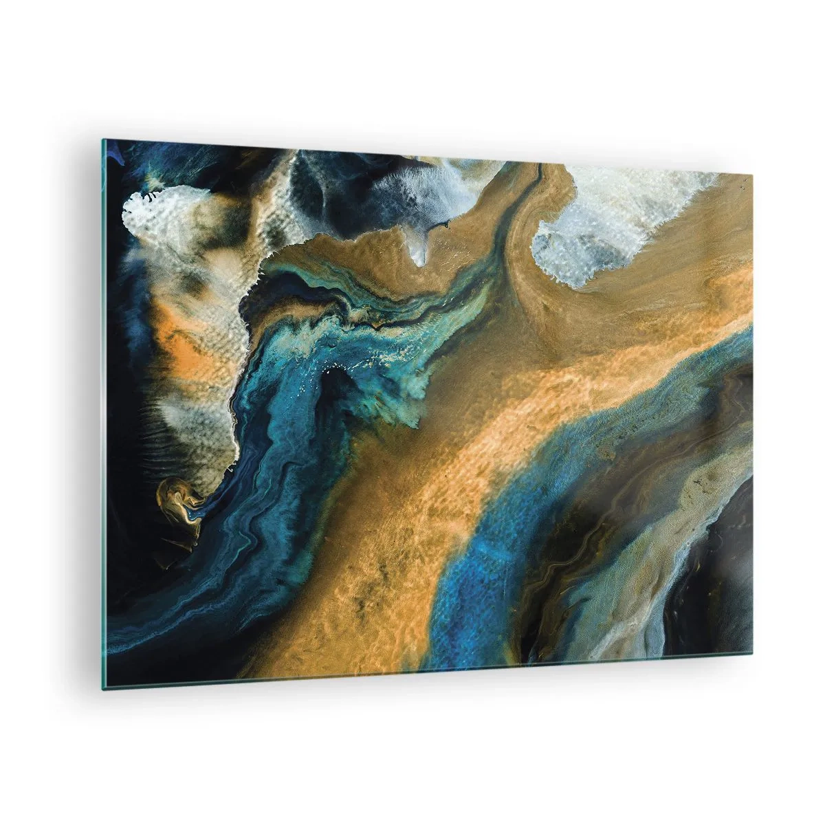 Glastavla - Bild på glas - Abstrakt komposition i nyanser av blått och guld - 70x50cm - Blå – gul – ömsesidiga influenser - Modern väggdekoration för vardagsrum och sovrum ARTTOR