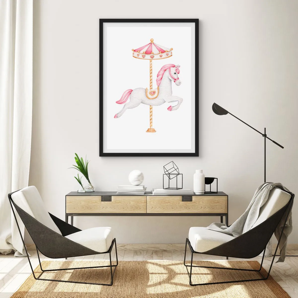 Affisch i svart ram - En charmig vit häst på en karusell i pastellfärger - 50x70cm - Han gav sig iväg med en hov - Modern väggdekoration för vardagsrum och sovrum ARTTOR
