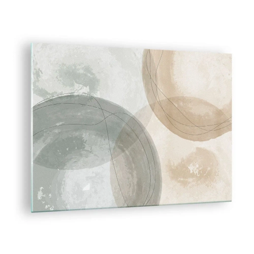 Glastavla - Bild på glas - Pastellfärgade cirklar och linjer i en subtil komposition - 70x50cm - Världars samspel - Modern väggdekoration för vardagsrum och sovrum ARTTOR