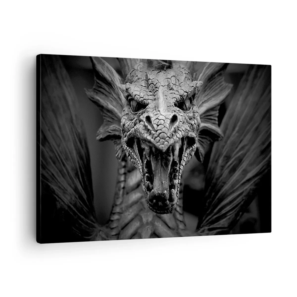 Canvastavla - Bild på duk - Ett hotfullt drakhuvud i svartvitt med uttrycksfulla detaljer. - 70x50cm - En sagodrake i grånyans - Modern väggdekoration för vardagsrum och sovrum ARTTOR