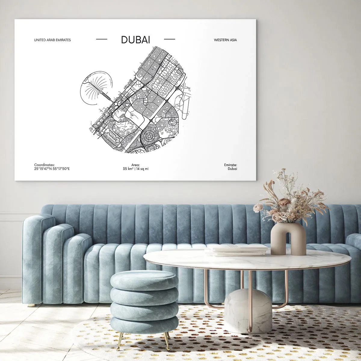 Glastavla - Bild på glas - En minimalistisk karta över Dubai i svartvitt stil. - 70x50cm - Dubais anatomi - Modern väggdekoration för vardagsrum och sovrum ARTTOR