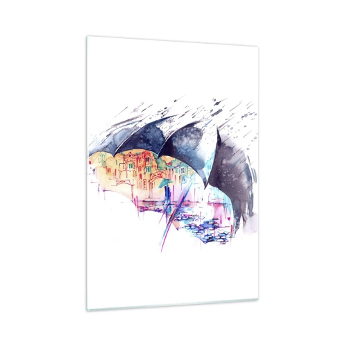 Glastavla - Bild på glas - Promenad i regnet - 50x70 cm