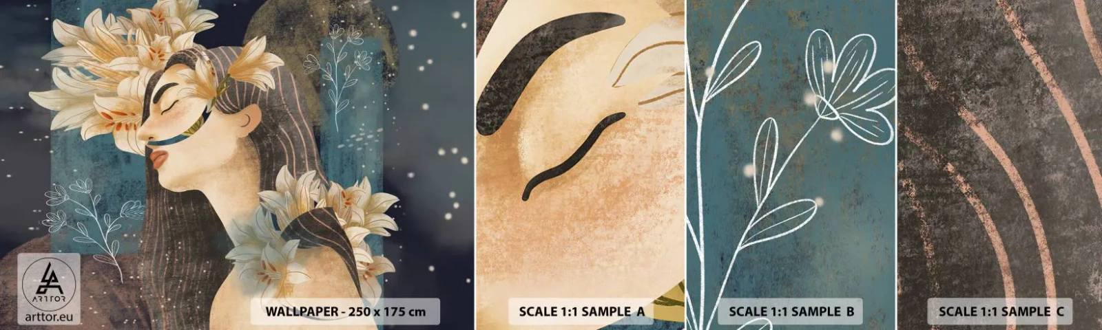 Fototapet Prov Standard Eco - Sagan om drottning med liljor - Abstraktion, Kvinna, Blommor - 100x30 cm