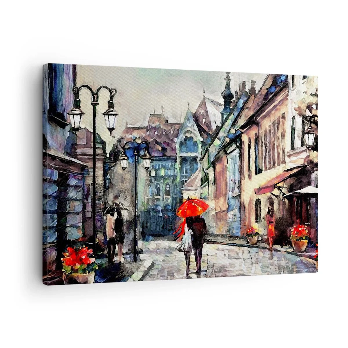 Canvastavla - Bild på duk - En charmig stadsgata med ett par under ett rött paraply - 70x50cm - Regn för två - Modern väggdekoration för vardagsrum och sovrum ARTTOR