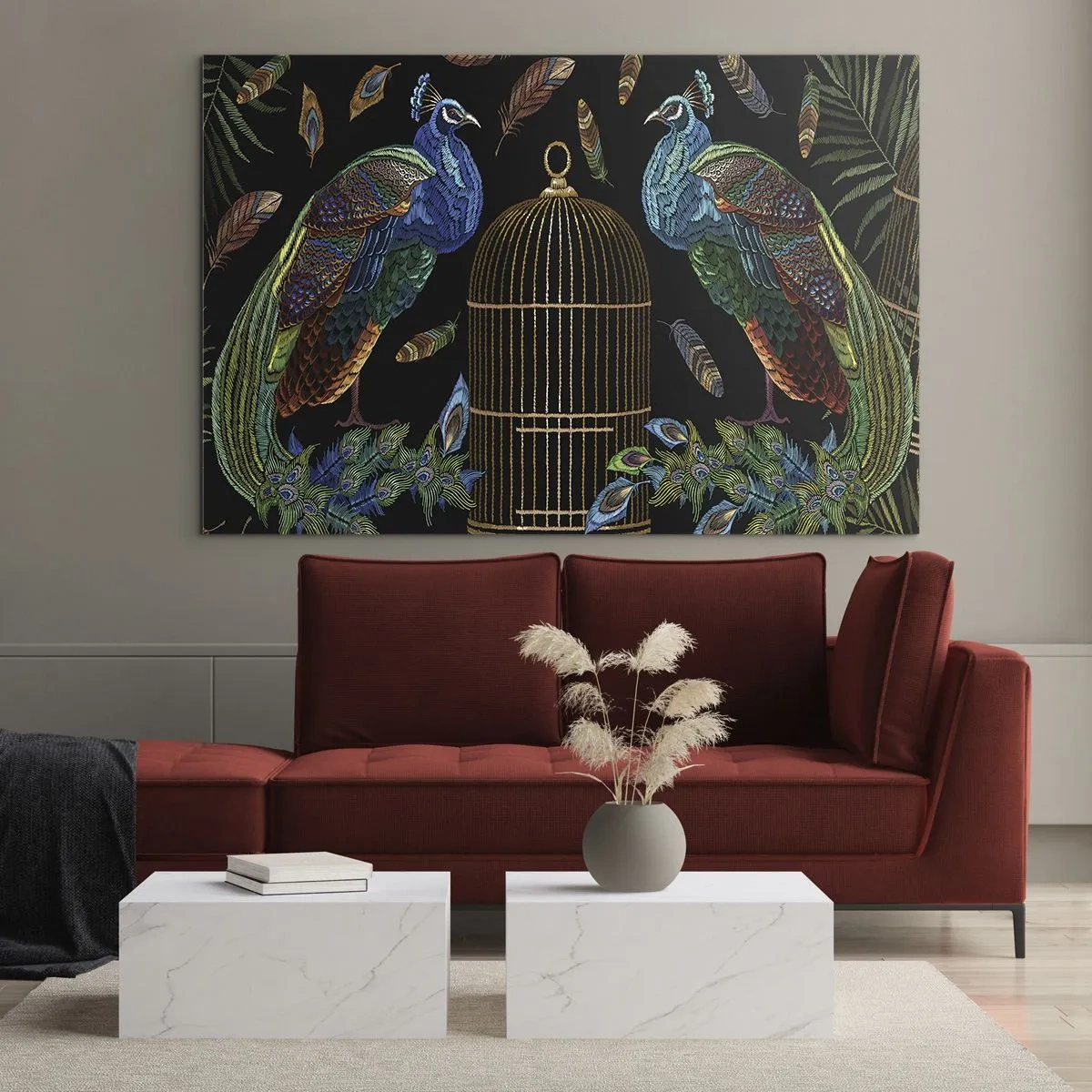 Glastavla - Bild på glas - Färgglada påfåglar och en bur på svart bakgrund - 70x50cm - I kungliga kläder - Modern väggdekoration för vardagsrum och sovrum ARTTOR