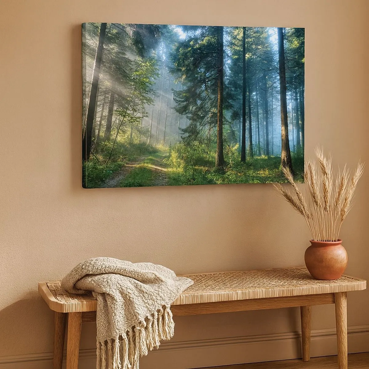 Canvastavla - Bild på duk - En skogsstig upplyst av morgonsolens strålar - 70x50cm - Strålande på morgonen - Modern väggdekoration för vardagsrum och sovrum ARTTOR
