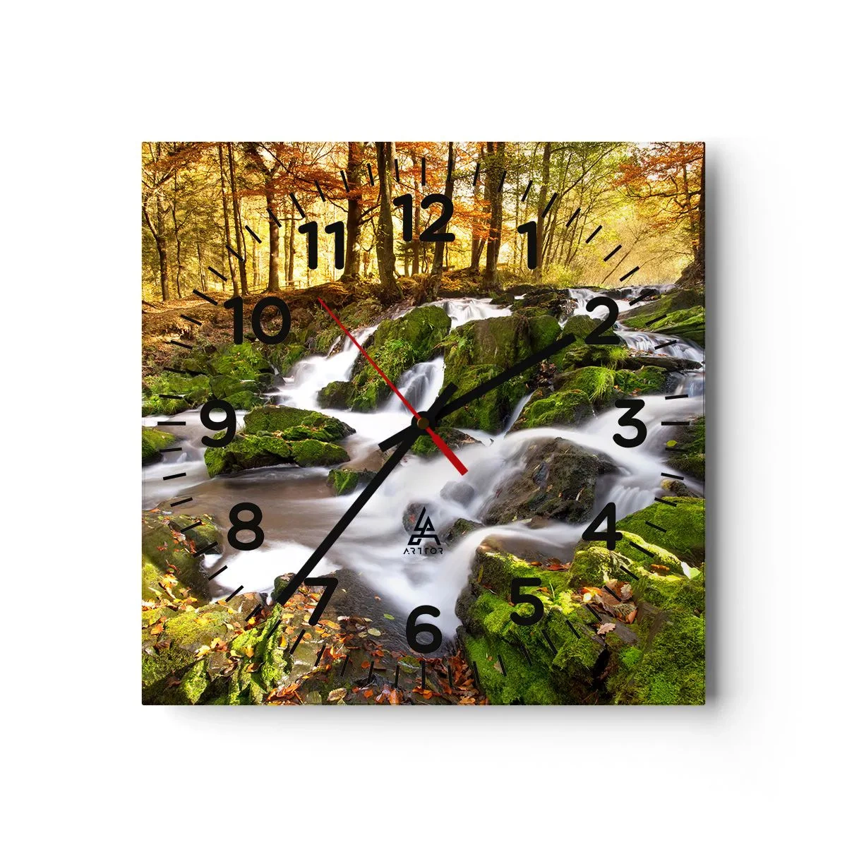 Väggklocka - Klocka på glas - Kvickt genom höstskogen - 40x40 cm