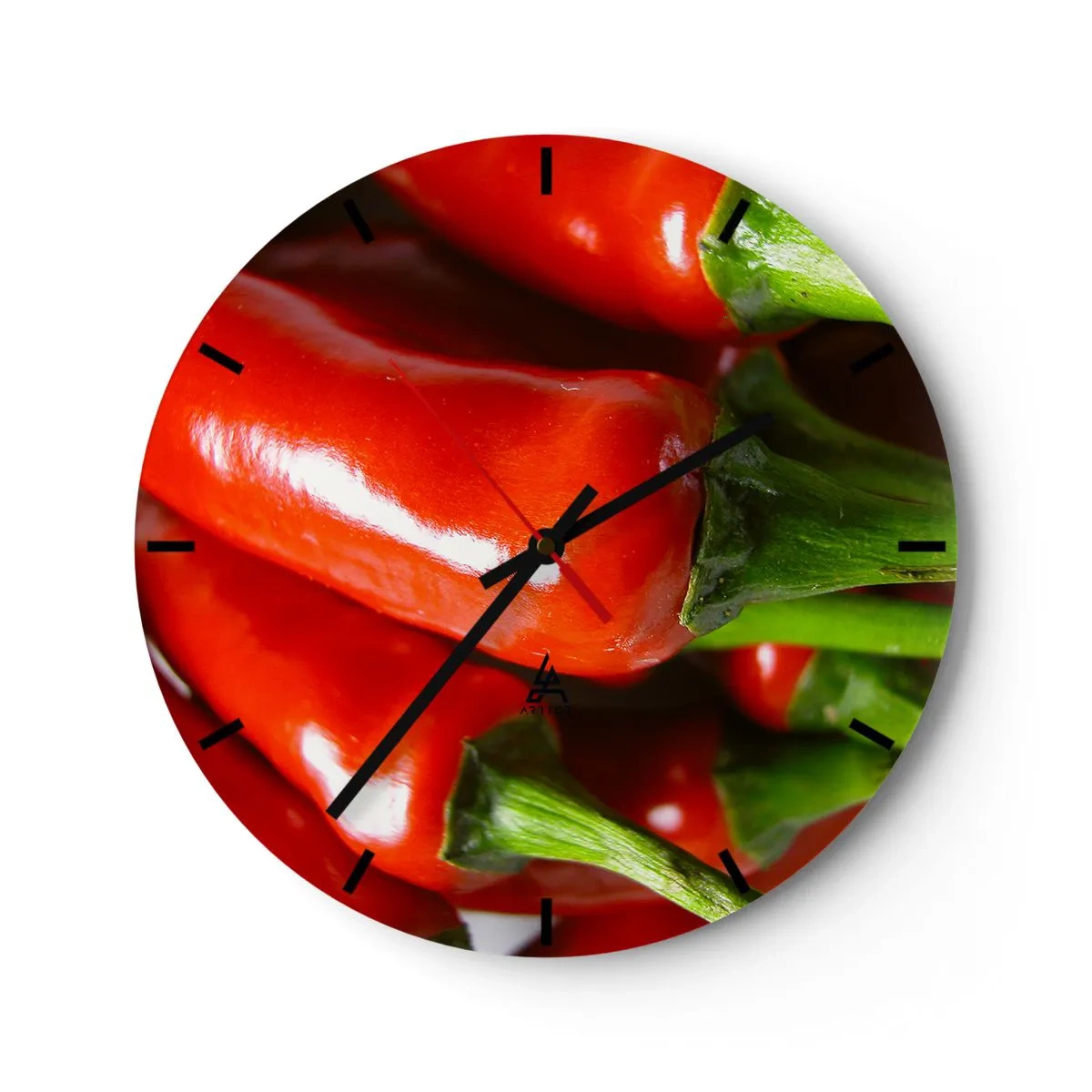 Väggklocka - Klocka på glas - Närbild av röda chilipeppar - 30x30cm - Saftiga, glänsande, släta - Modern väggdekoration för vardagsrum, kök och sovrum ARTTOR
