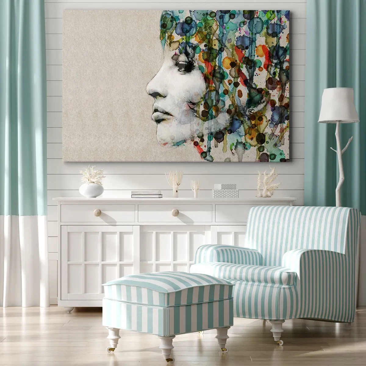 Canvastavla - Bild på duk - Profil av en kvinna i akvarellfärger med en abstrakt bakgrund - 70x50cm - Uppstånden ur glädje - Modern väggdekoration för vardagsrum och sovrum ARTTOR