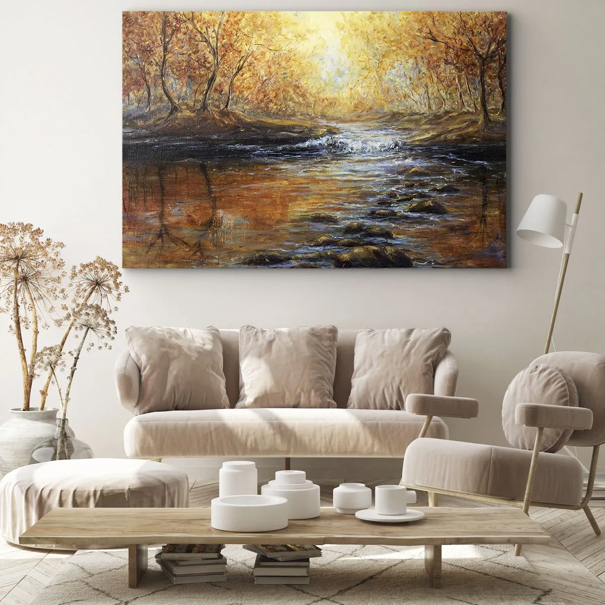 Canvastavla - Bild på duk - Höstlandskap med en flod bland träden - 70x50cm - Gyllene bäck - Modern väggdekoration för vardagsrum och sovrum ARTTOR