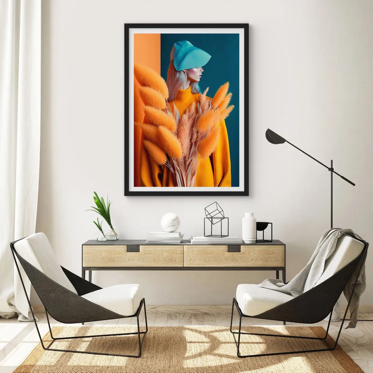 Affisch i svart ram - Ett modernt porträtt av en kvinna i varma färger - 50x70cm - Fluffigt porträtt - Modern väggdekoration för vardagsrum och sovrum ARTTOR