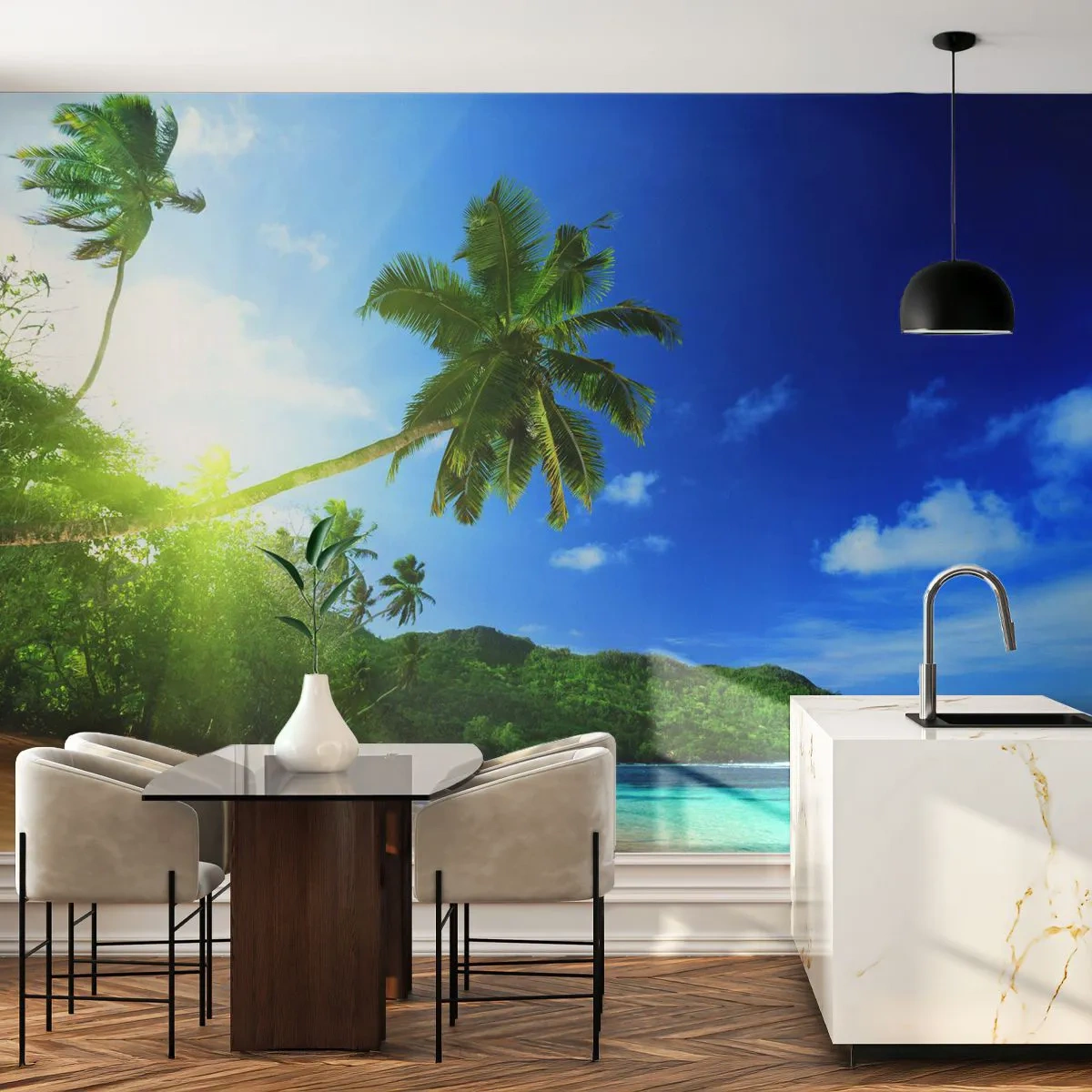 Fototapet Standard Eco - En exotisk strand med palmer och ett turkost hav - 100x70cm - Tropikens ömtåliga beröring - Modern väggdekoration för vardagsrum och sovrum ARTTOR