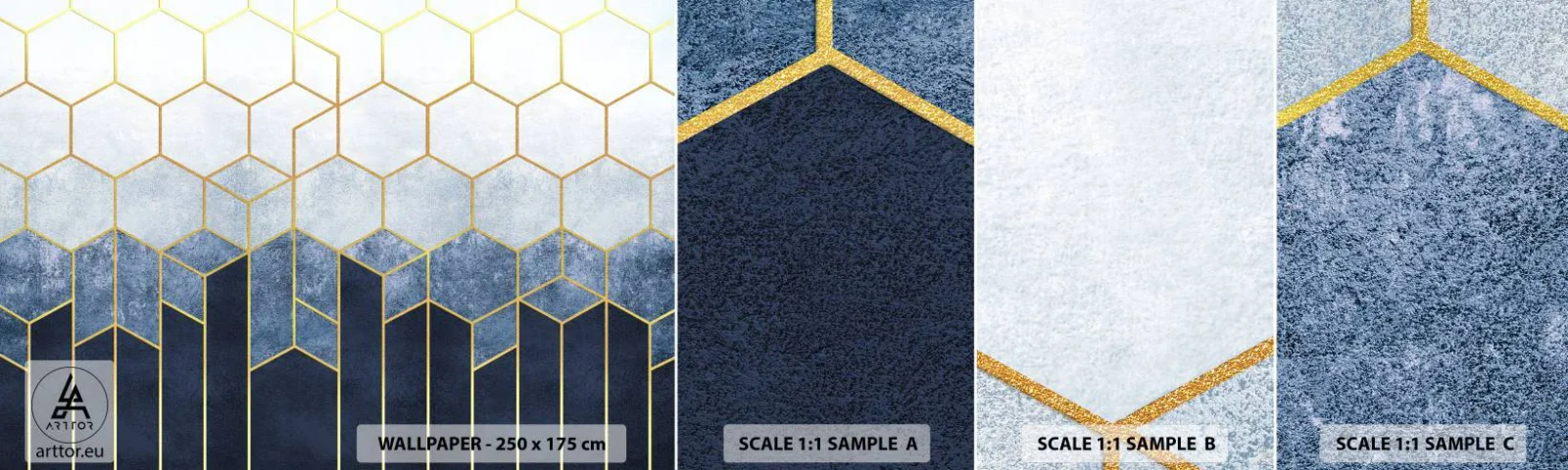 Provbit av självhäftande fototapet Deluxe Sticker - Komposition i synkoprytm - Abstraktion, Bit, Sexhörning - 100x30 cm