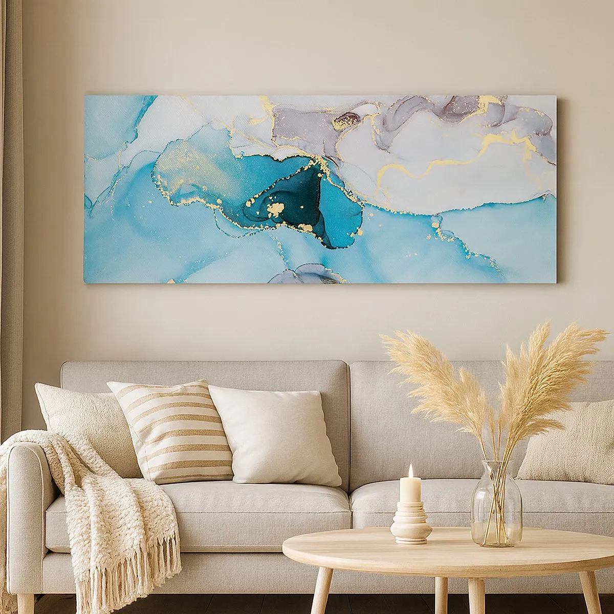 Canvastavla - Bild på duk - Studie över mötet mellan grå och turkos - 100x40 cm