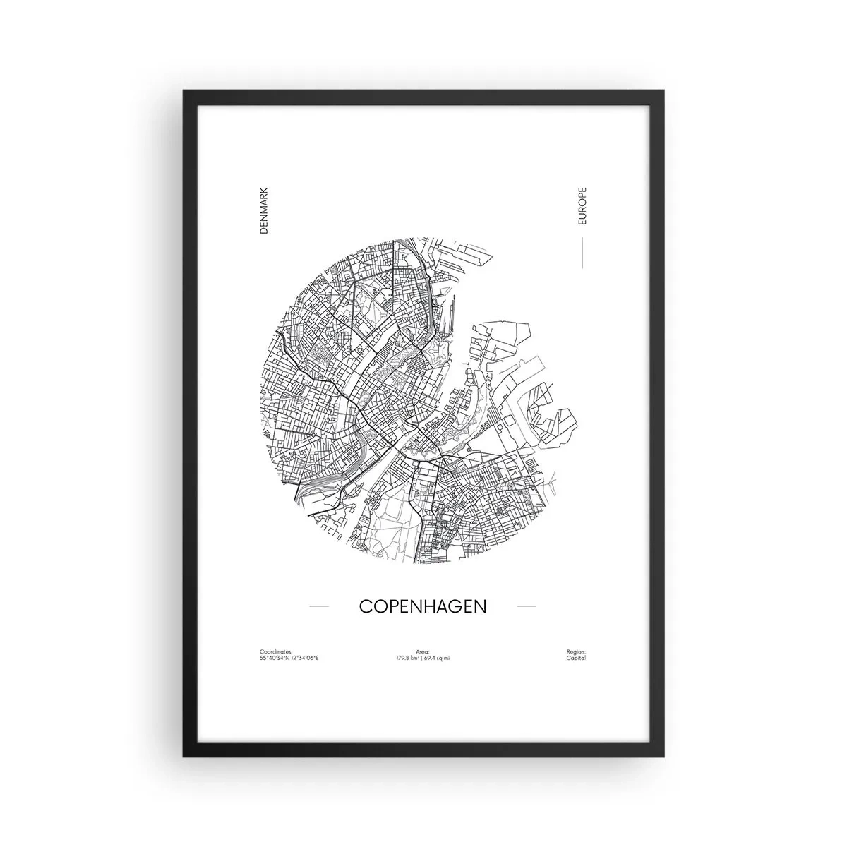 Affisch i svart ram - En minimalistisk karta över Köpenhamn i svartvitt. - 50x70cm - Köpenhamns anatomi - Modern väggdekoration för vardagsrum och sovrum ARTTOR
