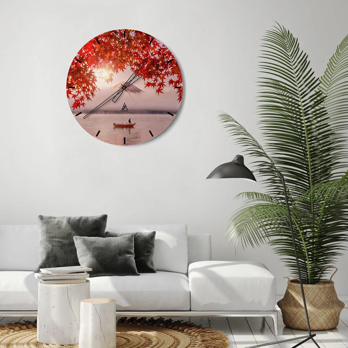 Väggklocka - Klocka på glas - Höstlöv med berget Fuji i bakgrunden och en båt på en sjö - 30x30cm - I japansk stämning - Modern väggdekoration för vardagsrum, kök och sovrum ARTTOR