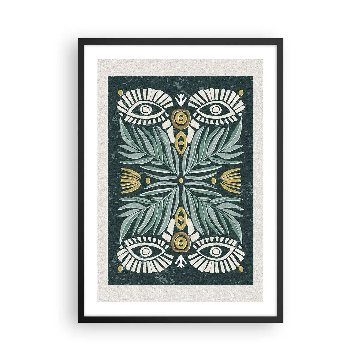 Affisch i svart ram - Symmetriskt mönster med löv och ögon på en mörk bakgrund - 50x70cm - Som ett folkligt mönster - Modern väggdekoration för vardagsrum och sovrum ARTTOR