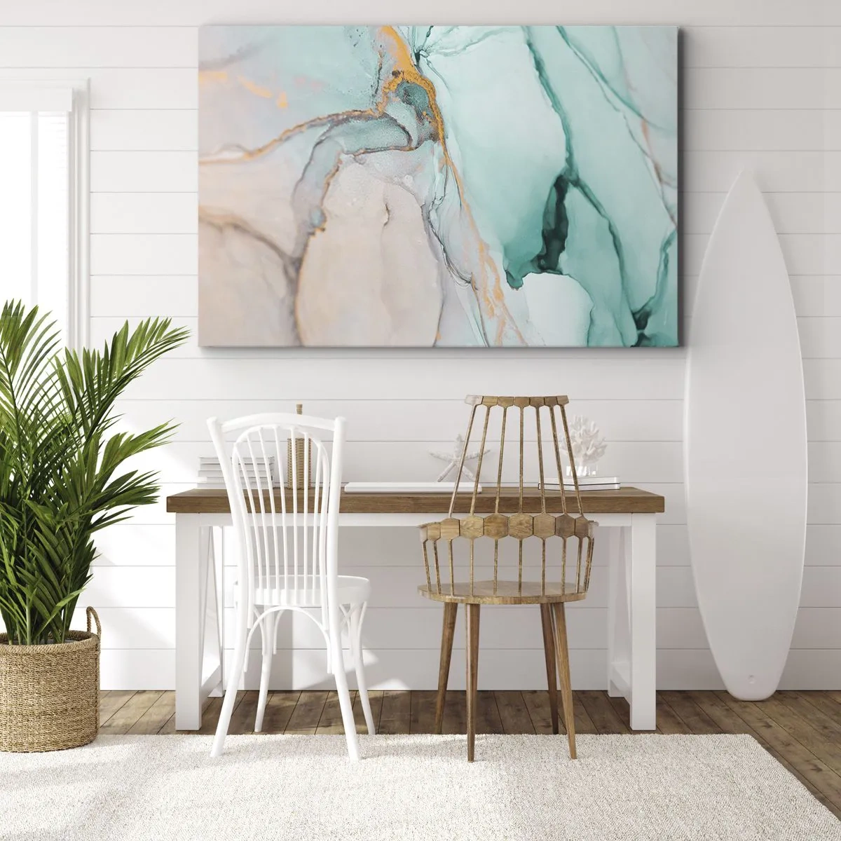 Canvastavla - Bild på duk - En abstrakt komposition i nyanser av turkos och guld. - 70x50cm - Formernas och färgernas dans - Modern väggdekoration för vardagsrum och sovrum ARTTOR