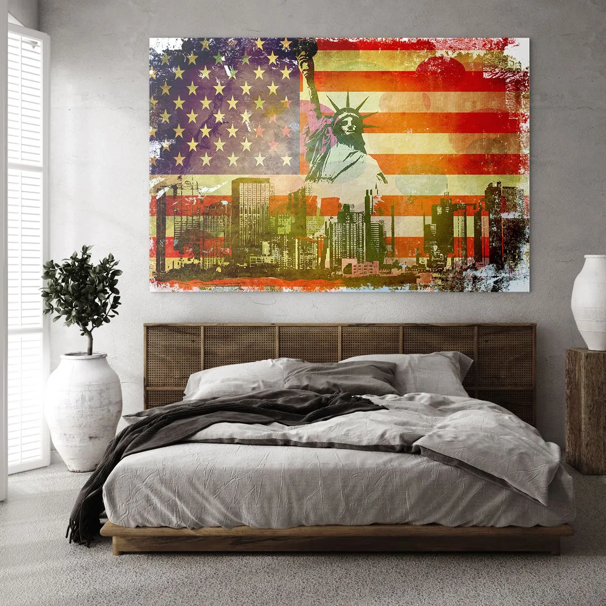 Glastavla - Bild på glas - Amerikansk flagga med silhuetten av Frihetsgudinnan och stadsbilden - 70x50cm - Viva America! - Modern väggdekoration för vardagsrum och sovrum ARTTOR