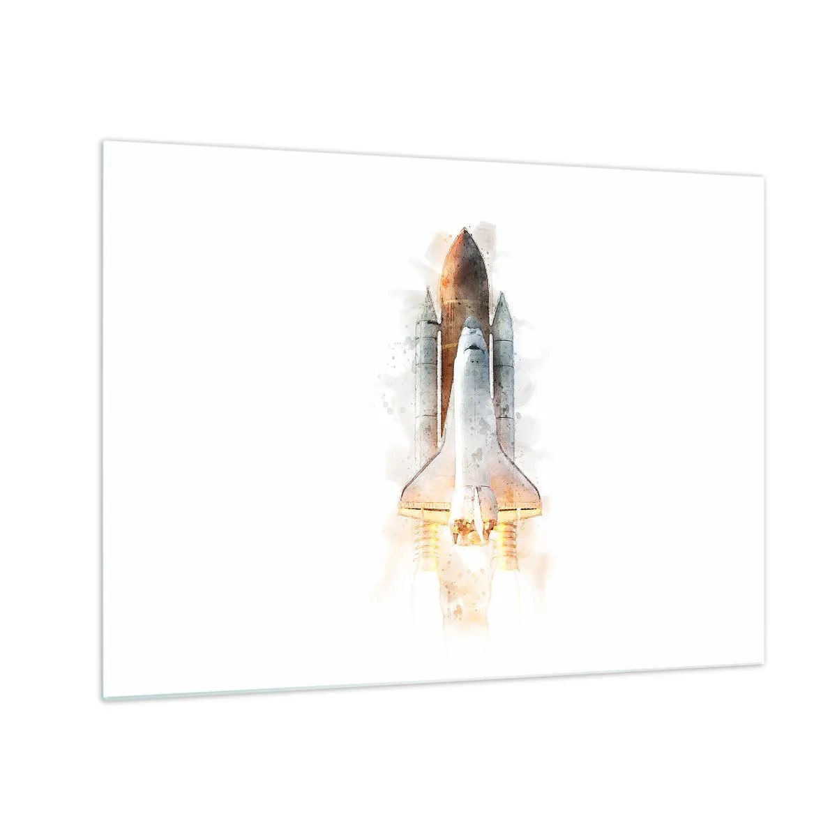 Glastavla - Bild på glas - En rymdfärja som lyfter i akvarellstil mot vit bakgrund. - 70x50cm - Upptäckare efter start - Modern väggdekoration för vardagsrum och sovrum ARTTOR