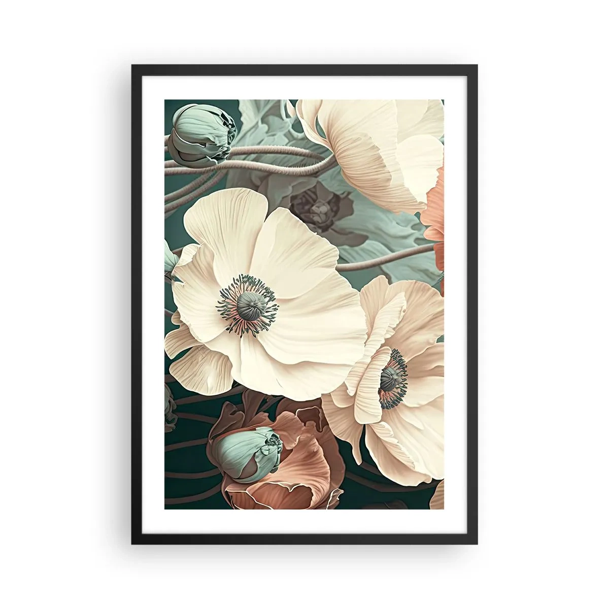 Affisch i svart ram - Fina blommor i pastellfärger mot en mörk bakgrund - 50x70cm - Viskningar av vallmo - Modern väggdekoration för vardagsrum och sovrum ARTTOR