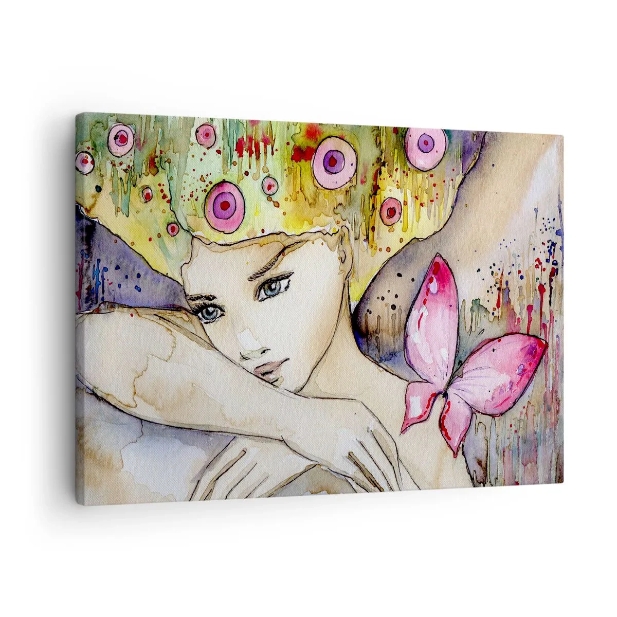 Canvastavla - Bild på duk - En kvinna med en abstrakt frisyr och en rosa fjäril - 70x50cm - fjärilprincessa - Modern väggdekoration för vardagsrum och sovrum ARTTOR