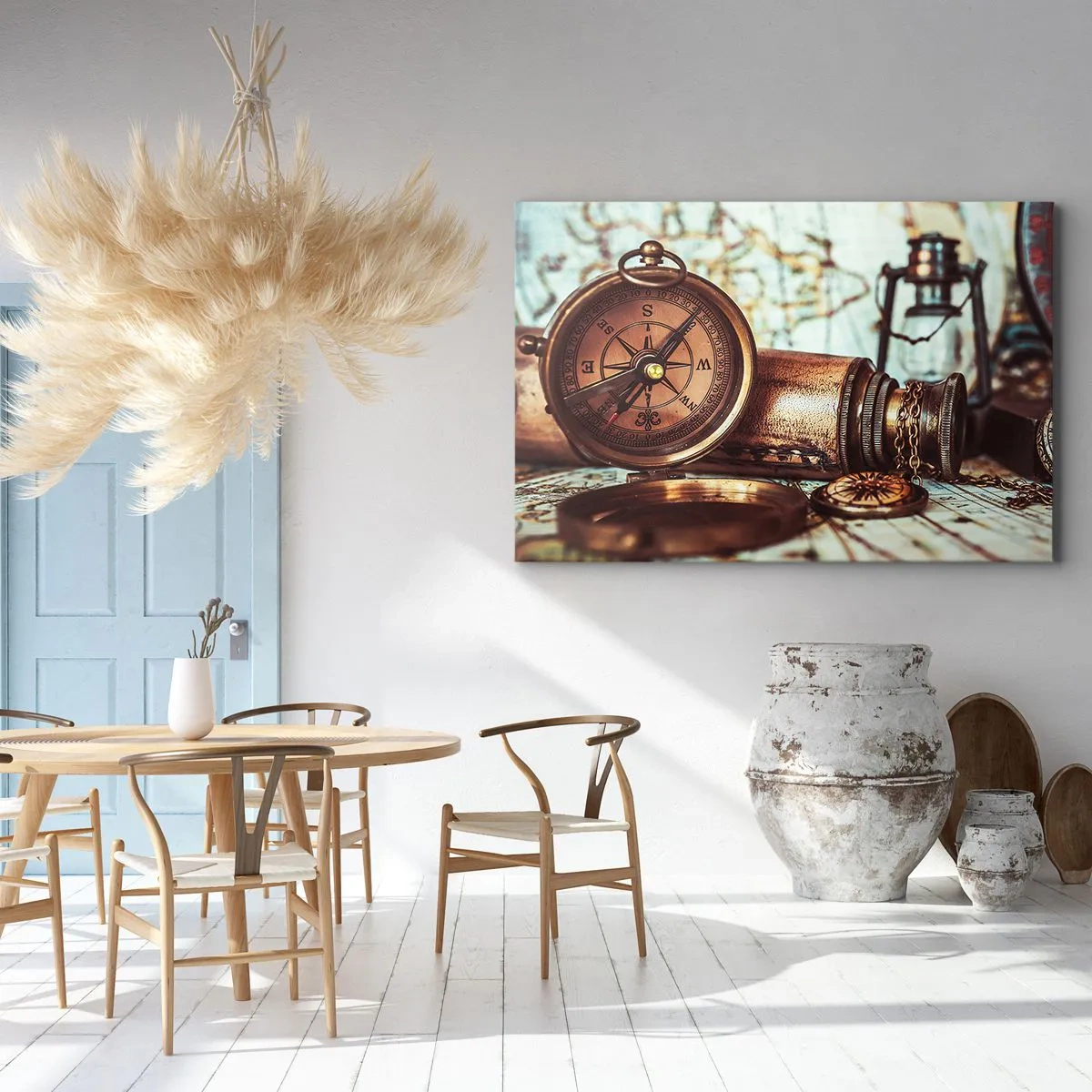 Canvastavla - Bild på duk - Ett retroset med kompass, teleskop och karta i resetema - 70x50cm - Piratäventyret i Karibien väntar - Modern väggdekoration för vardagsrum och sovrum ARTTOR