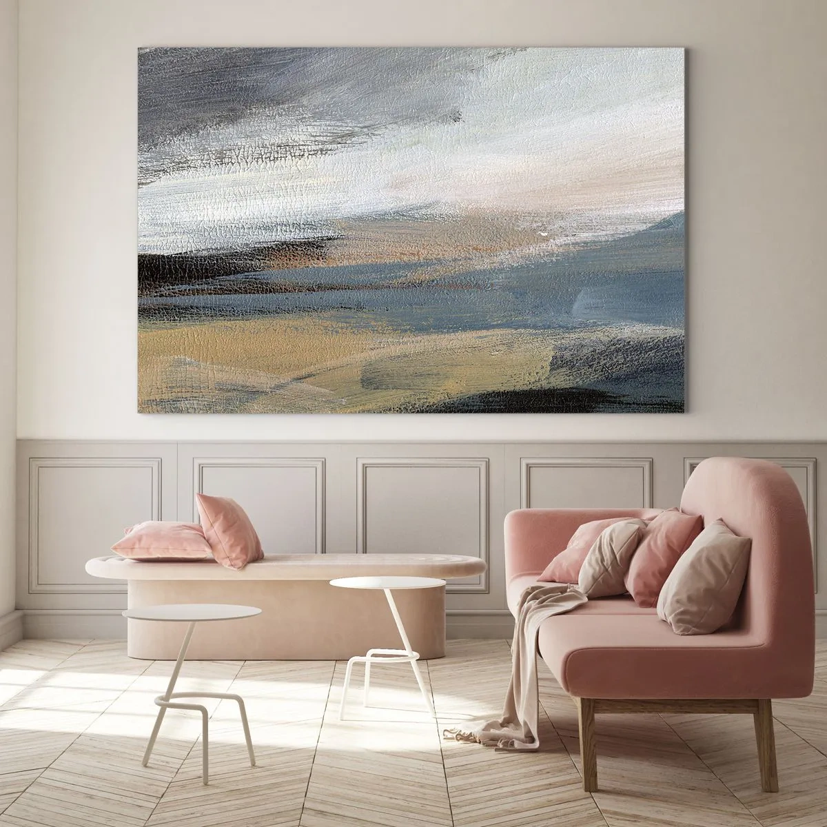 Glastavla - Bild på glas - Ett abstrakt landskap i svala och jordnära färger. - 70x50cm - Abstraktion: nordligt landskap - Modern väggdekoration för vardagsrum och sovrum ARTTOR