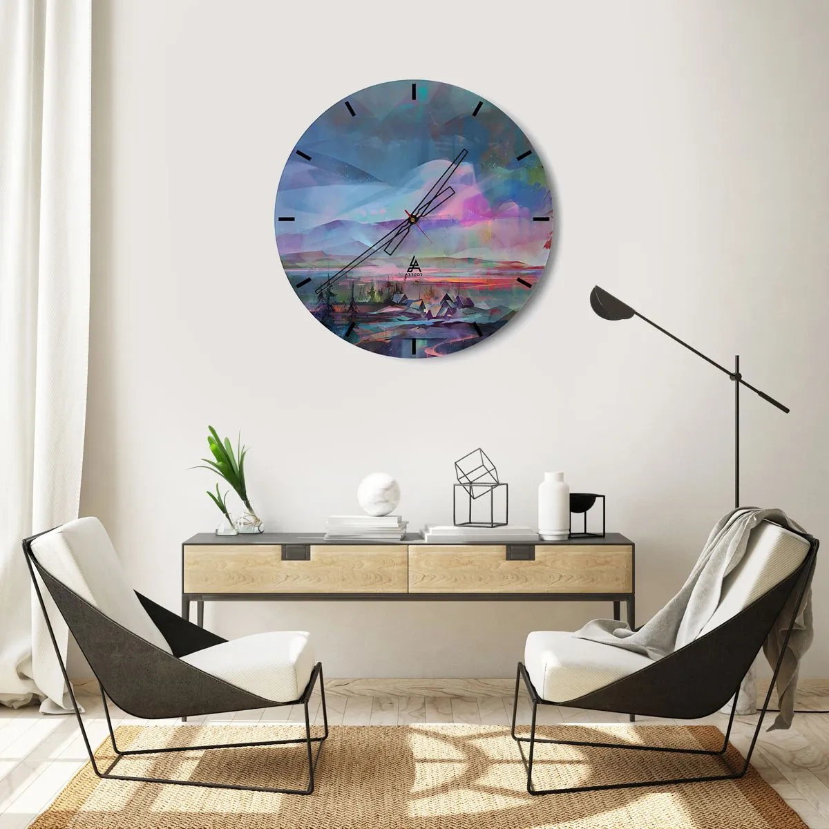 Väggklocka - Klocka på glas - Ett färgglatt panorama av berg och en by i abstrakt stil - 30x30cm - Under en vänlig himmel - Modern väggdekoration för vardagsrum, kök och sovrum ARTTOR