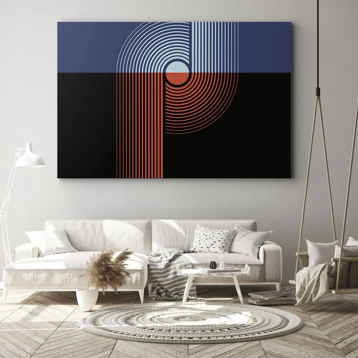 Canvastavla - Bild på duk - Geometrisk abstraktion med linjer i marinblått och orange. - 70x50cm - I en geometrisk kläm - Modern väggdekoration för vardagsrum och sovrum ARTTOR