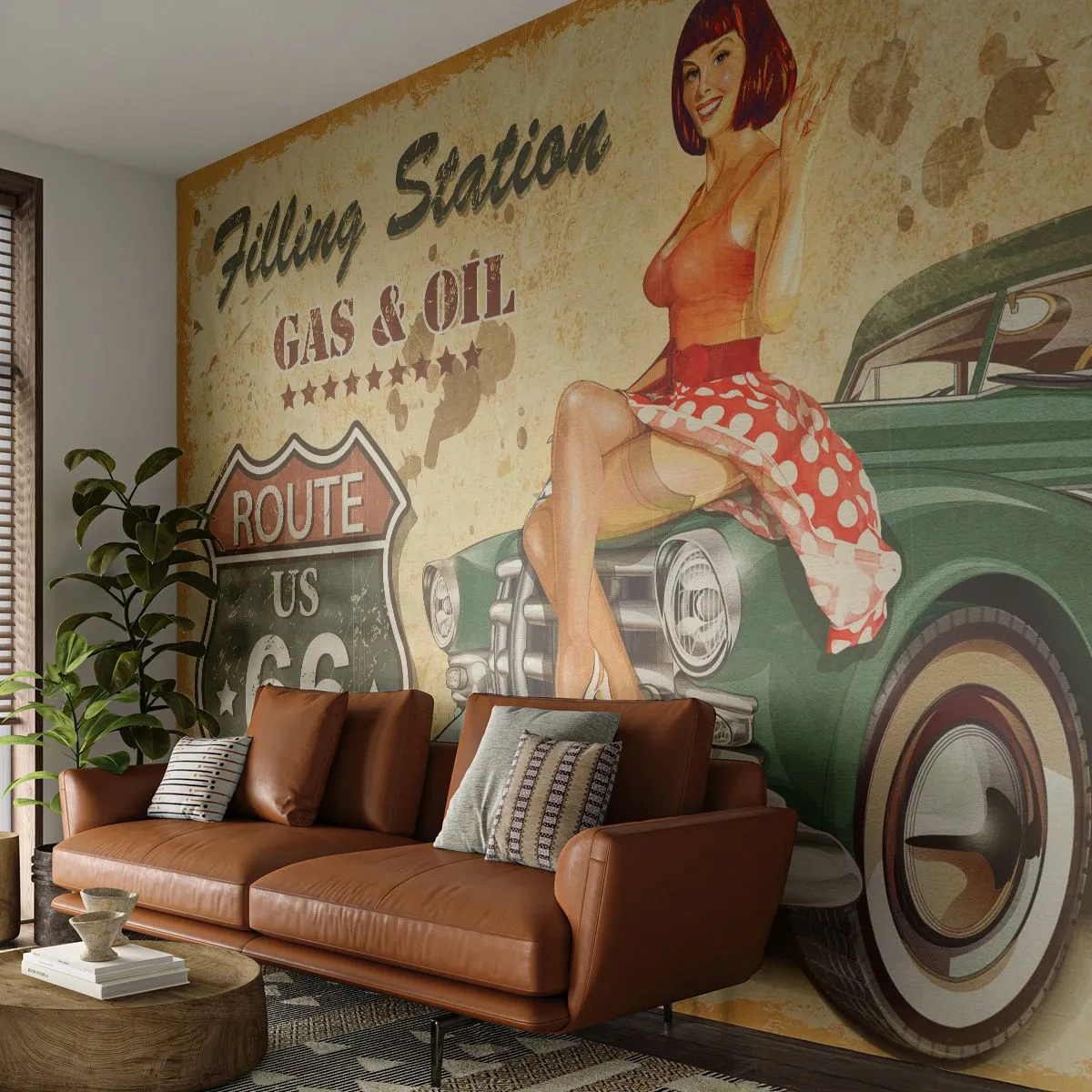 Fototapet Standard Eco - Retro Route 66-affisch med pinuppa och klassisk bil - 100x70cm - Underbara 40-talet - Modern väggdekoration för vardagsrum och sovrum ARTTOR