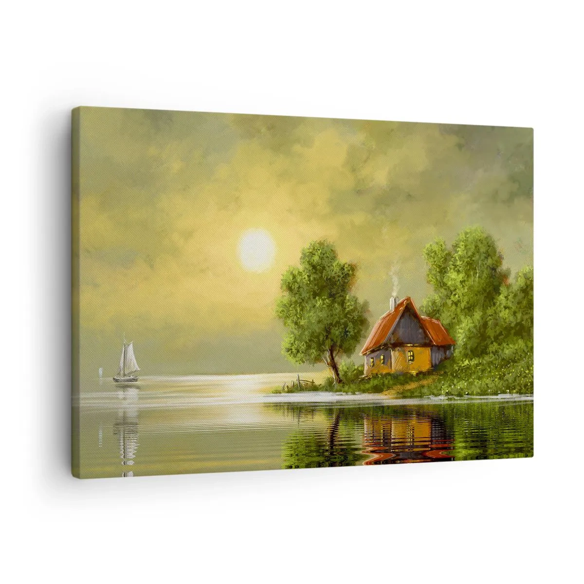 Canvastavla - Bild på duk - Sjöhus i solnedgångsljuset - 70x50cm - Vackert som från en bild - Modern väggdekoration för vardagsrum och sovrum ARTTOR