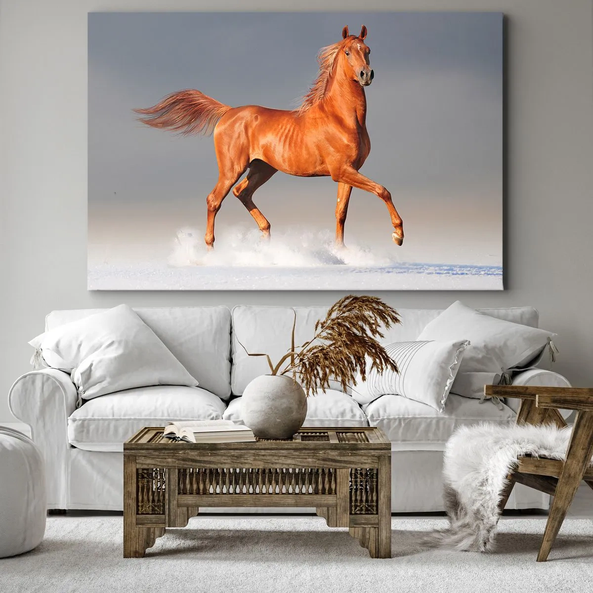 Canvastavla - Bild på duk - En galopperande häst mot en blå himmel - 70x50cm - Dansande grace - Modern väggdekoration för vardagsrum och sovrum ARTTOR