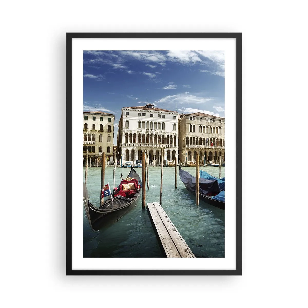 Affisch i svart ram - Gondoler på vattnet med historiska byggnader i bakgrunden i Venedig - 50x70cm - Palats i blått - Modern väggdekoration för vardagsrum och sovrum ARTTOR