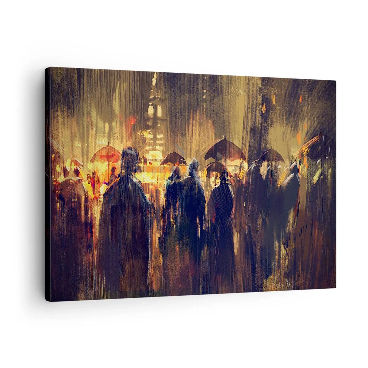 Canvastavla - Bild på duk - Figurer med paraplyer i en regnig stad på natten - 70x50cm - Regnbekännare - Modern väggdekoration för vardagsrum och sovrum ARTTOR