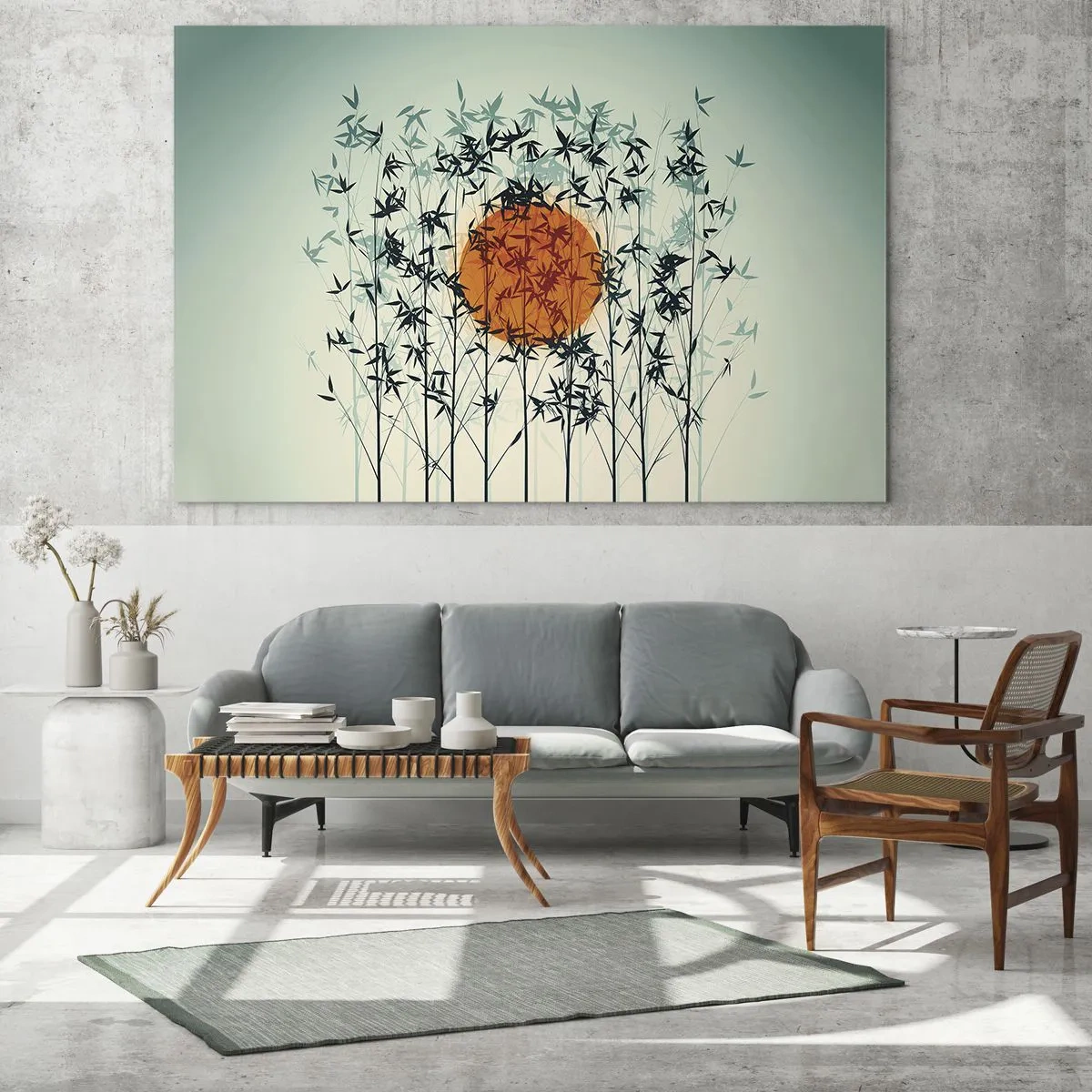 Glastavla - Bild på glas - Röd sol bland ömtåliga bambublad - 70x50cm - Japansk sol - Modern väggdekoration för vardagsrum och sovrum ARTTOR