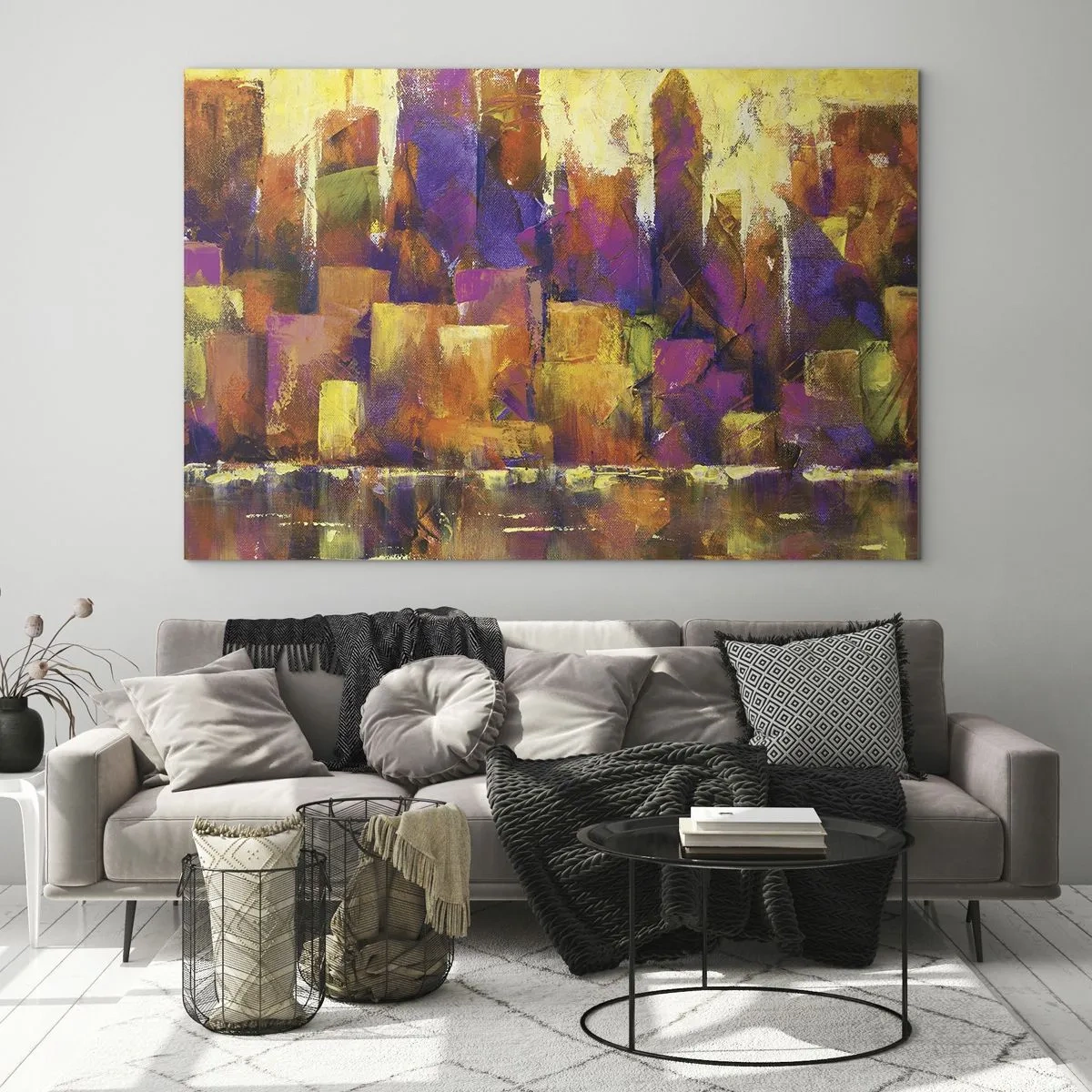 Glastavla - Bild på glas - En abstrakt metropol i varma färger med accenter av lila. - 70x50cm - Metropolis komposition - Modern väggdekoration för vardagsrum och sovrum ARTTOR