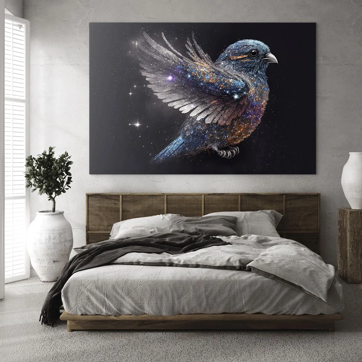 Glastavla - Bild på glas - Rymdsparv med diamantglitter - 70x50cm - Diamant sparv - Modern väggdekoration för vardagsrum och sovrum ARTTOR