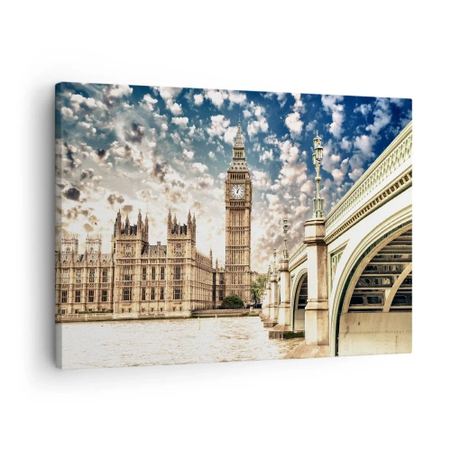 Canvastavla - Bild på duk - Big Ben och Westminsterbron upplysta av solen i London - 70x50cm - Moln över Thames - Modern väggdekoration för vardagsrum och sovrum ARTTOR