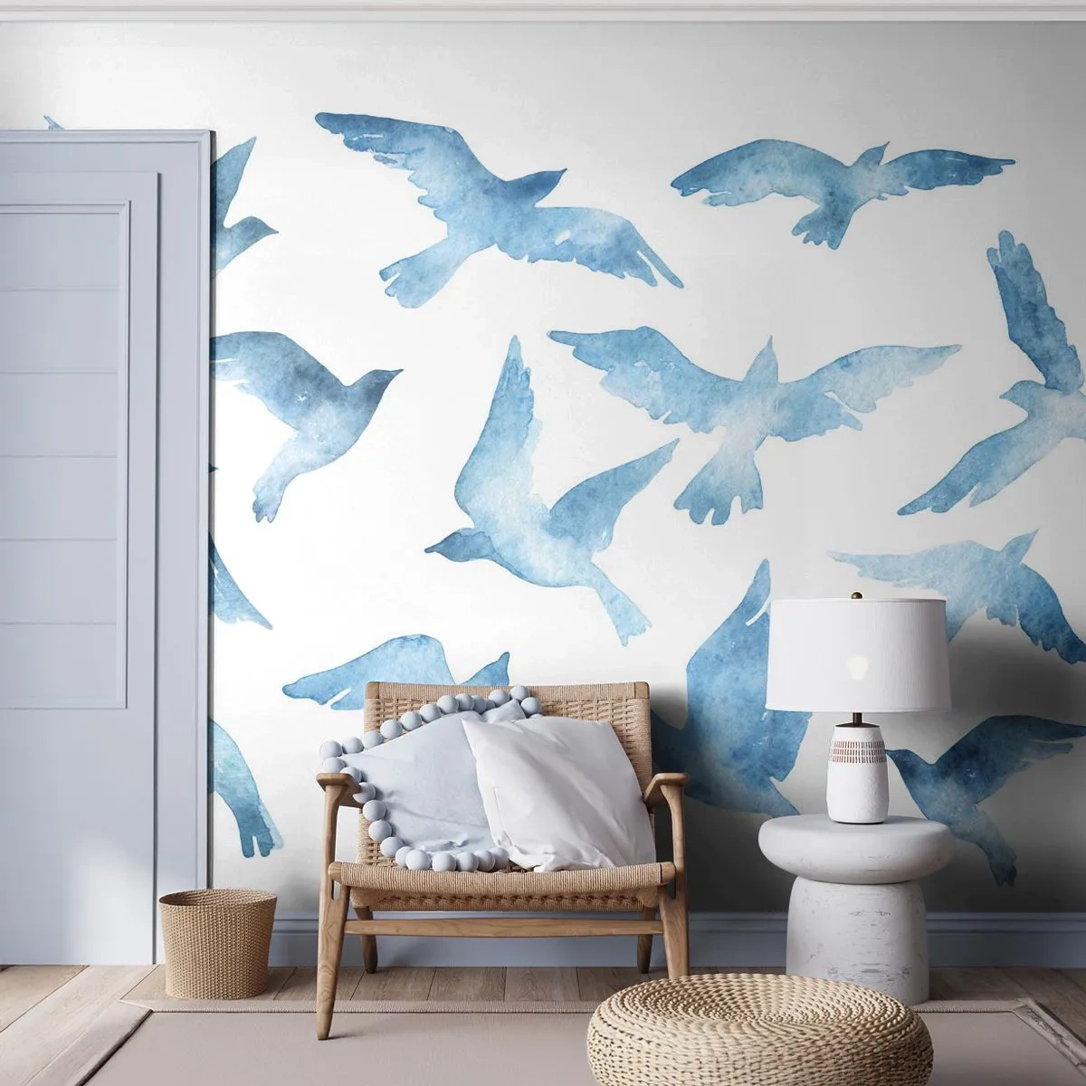 Självhäftande Fototapet Deluxe Sticker - Blåa fåglar - Abstraktion, Fågel, Grafik - 250x175 cm