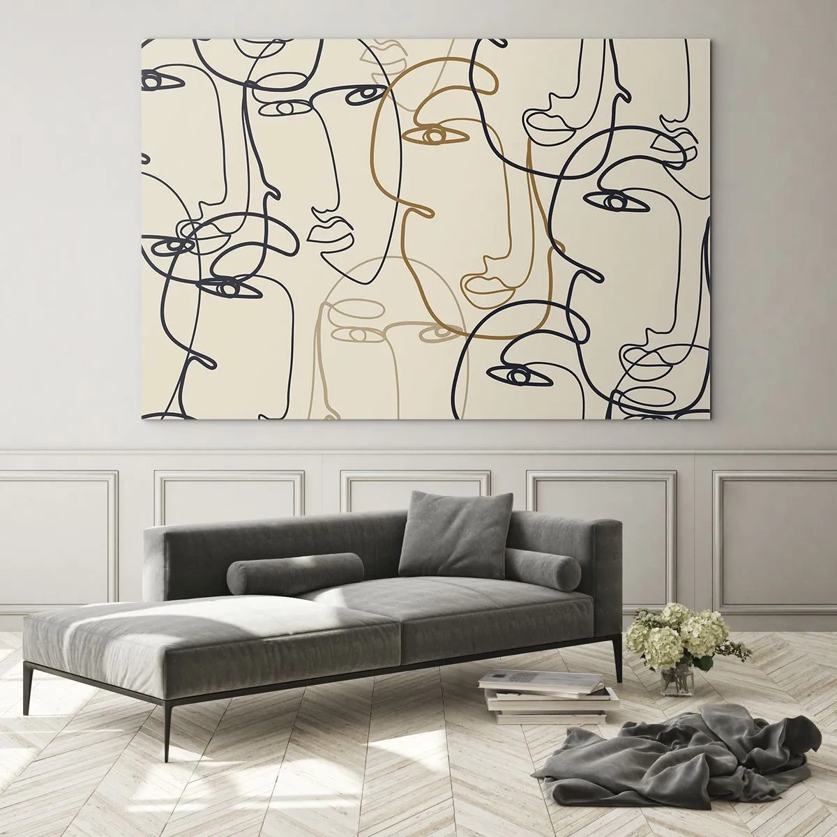 Glastavla - Bild på glas - Konturerade ansikten ritade i ett penseldrag på beige - 70x50cm - Mångfaldigad porträtt - Modern väggdekoration för vardagsrum och sovrum ARTTOR