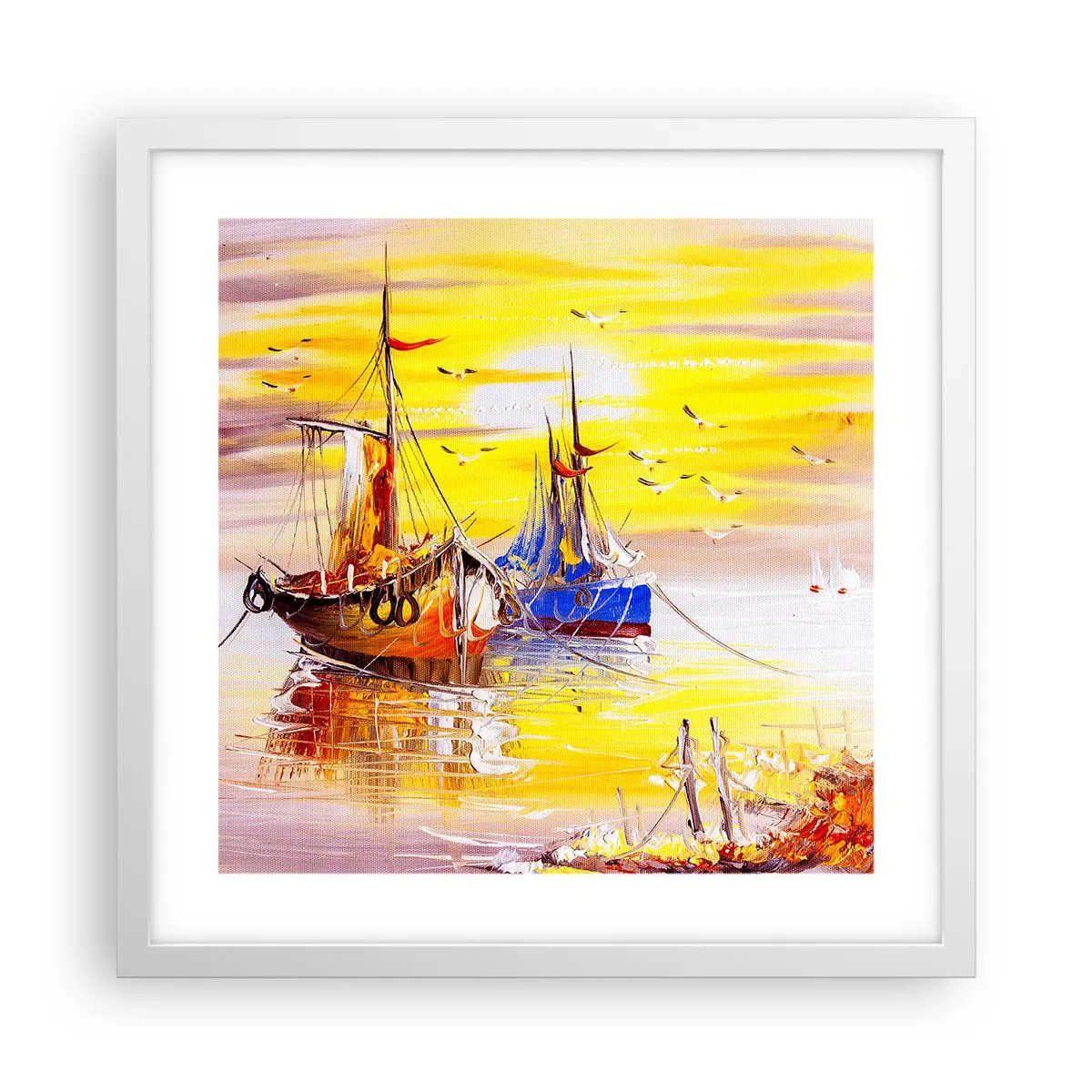 Affisch i vit ram - Välförtjänt vila i hamnen - 40x40 cm