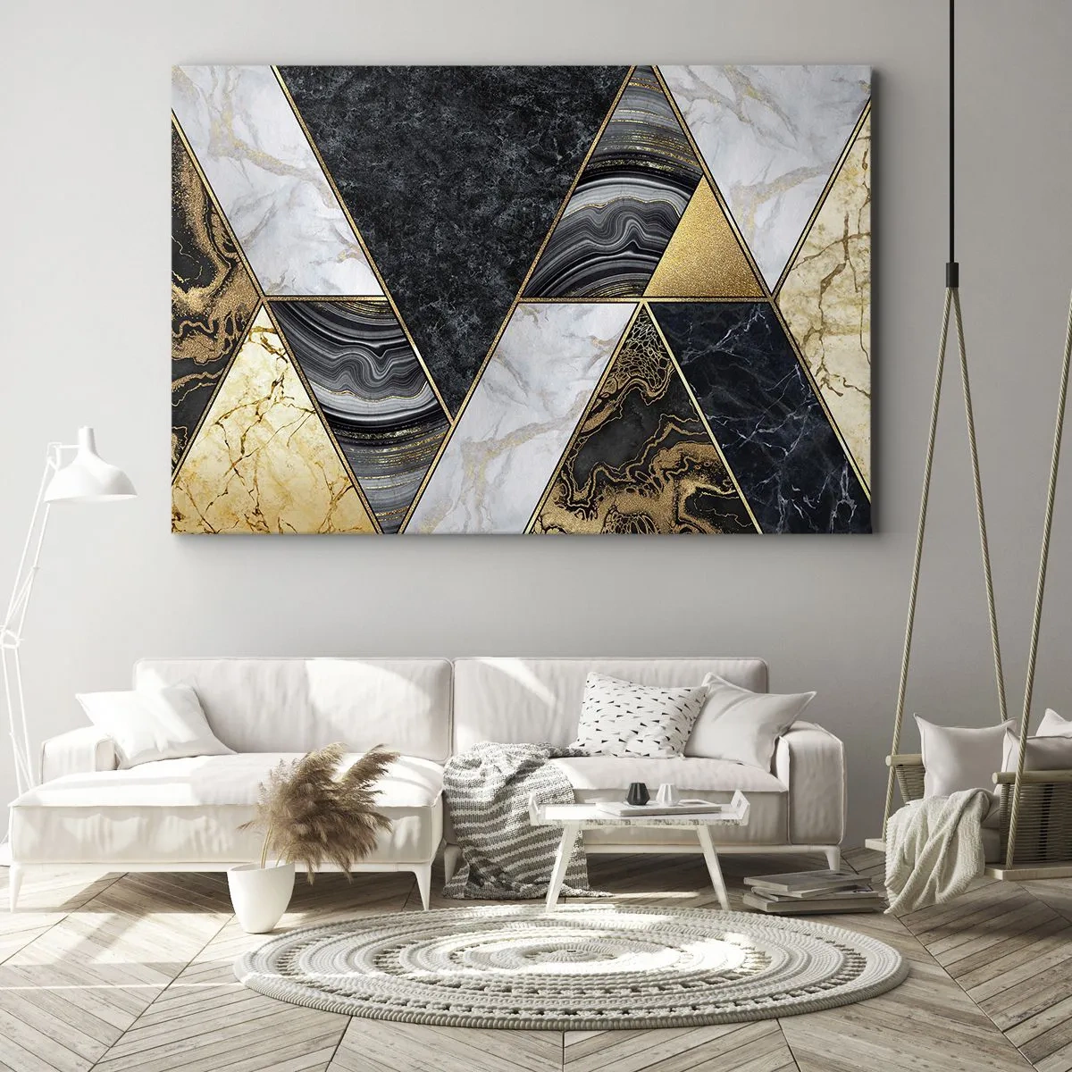 Canvastavla - Bild på duk - Geometriska trianglar i guld, marmor och mörka nyanser - 70x50cm - Sten vid sten - Modern väggdekoration för vardagsrum och sovrum ARTTOR