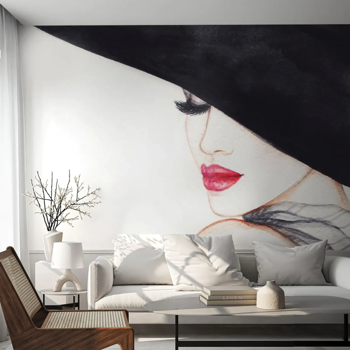 Självhäftande Fototapet Deluxe Sticker - Elegans och sensualitet - Kvinna, röda läppar, Svart hatt - 250x175 cm
