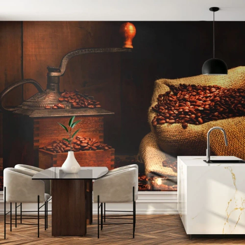 Fototapet Standard Eco - Stilleben med kaffebönor och kvarn - Gastronomi, Kaffe, Kaffekvarn - 500x350 cm