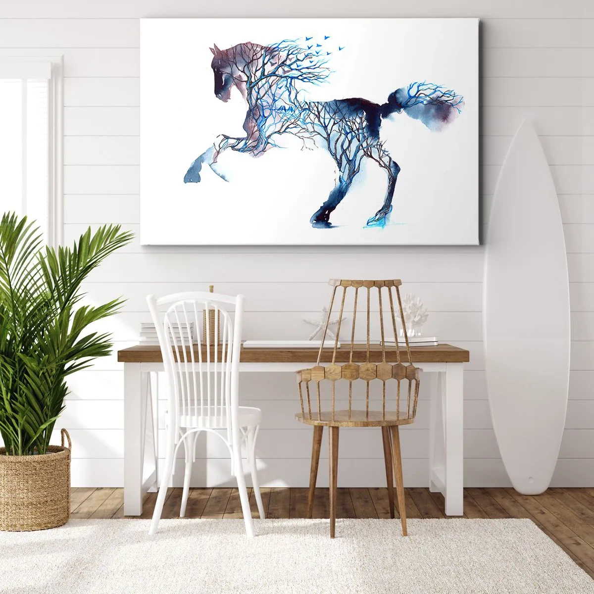 Canvastavla - Bild på duk - Konstnärlig hästgrafik med träd- och fågelmotiv - 70x50cm - Som om skogen rört sig - Modern väggdekoration för vardagsrum och sovrum ARTTOR