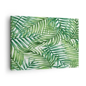 Canvastavla - Bild på duk - Gröna tropiska palmblad på en ljus bakgrund - 70x50cm - Under gröna baldakinen - Modern väggdekoration för vardagsrum och sovrum ARTTOR